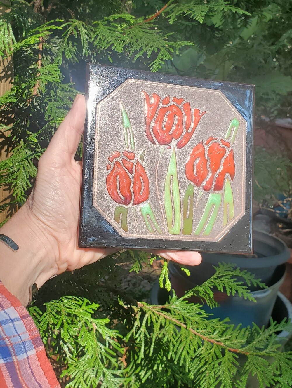 BESHEER Vintage Art Nouveau Tile Floral Wall Decor Hot Plate Trivet Hand Painted - Picture 6 of 7